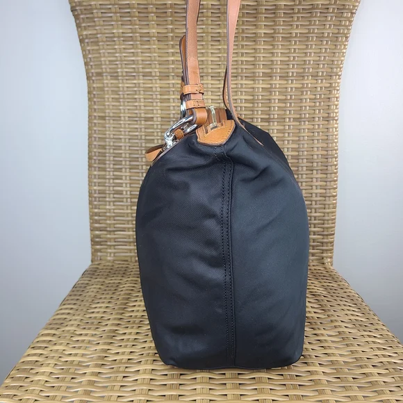 Lauren Ralph Lauren Black Nylon Shoulder Tote Bag Purse Brown Leather Trim - Picture 3 of 16
